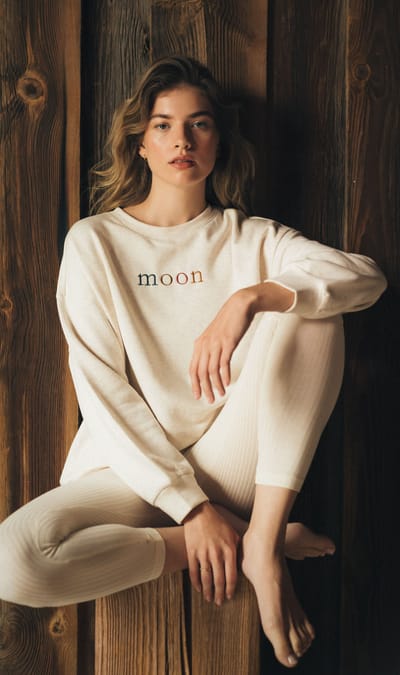 modelka w beżowym zestawie bluzy i legginsów ESOTIQ